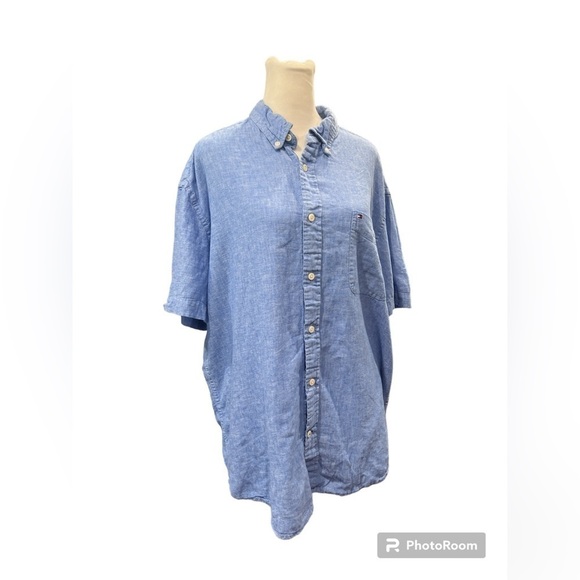 Men’s Tommy Hilfiger Blue Chambray Short Sleeve Button Down Shirt Size XL - Picture 1 of 3